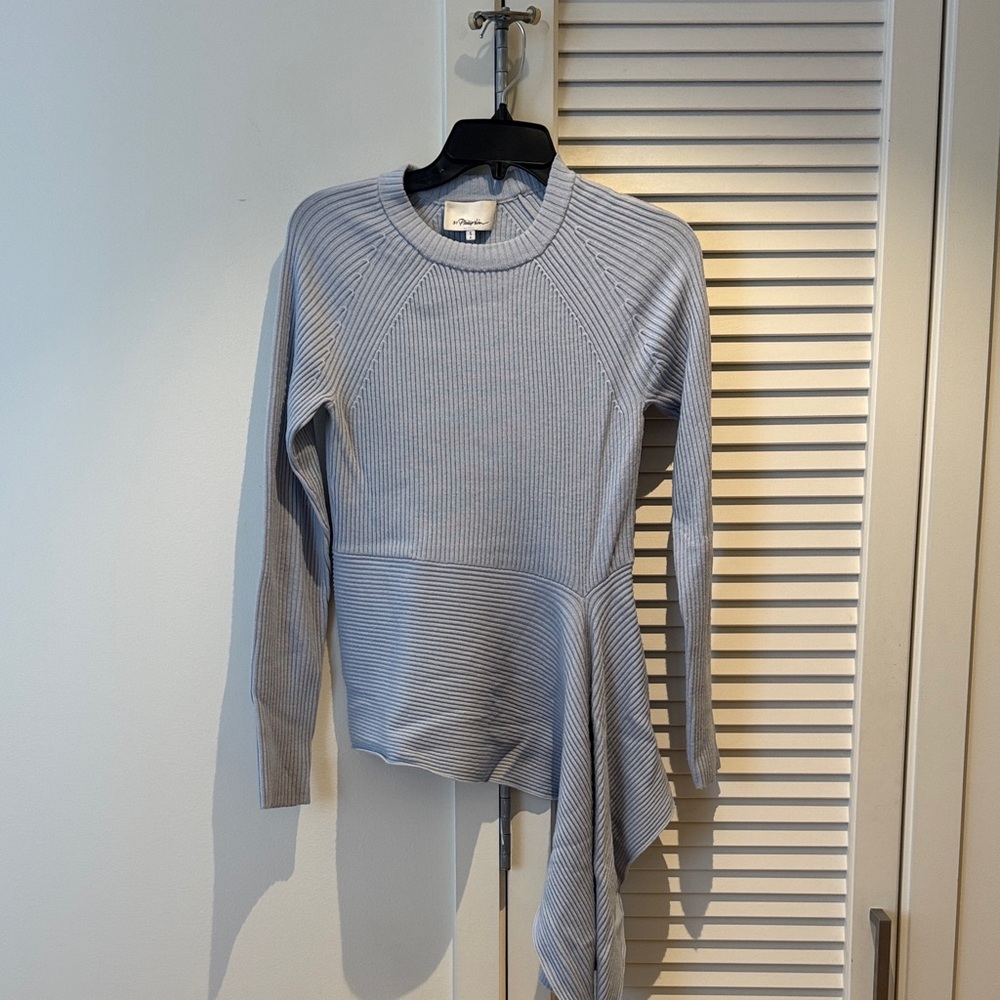 3.1 Phillip Lim Light Gray Asymmetric Ribbed Knit Long-Sleeve Top